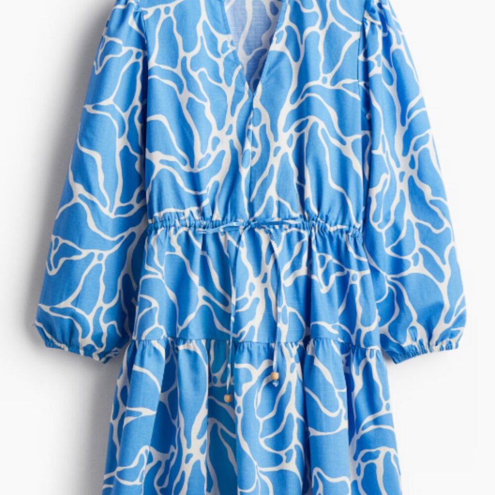 H&M Drawstring-detail cotton dress in a blue and white abstract pattern